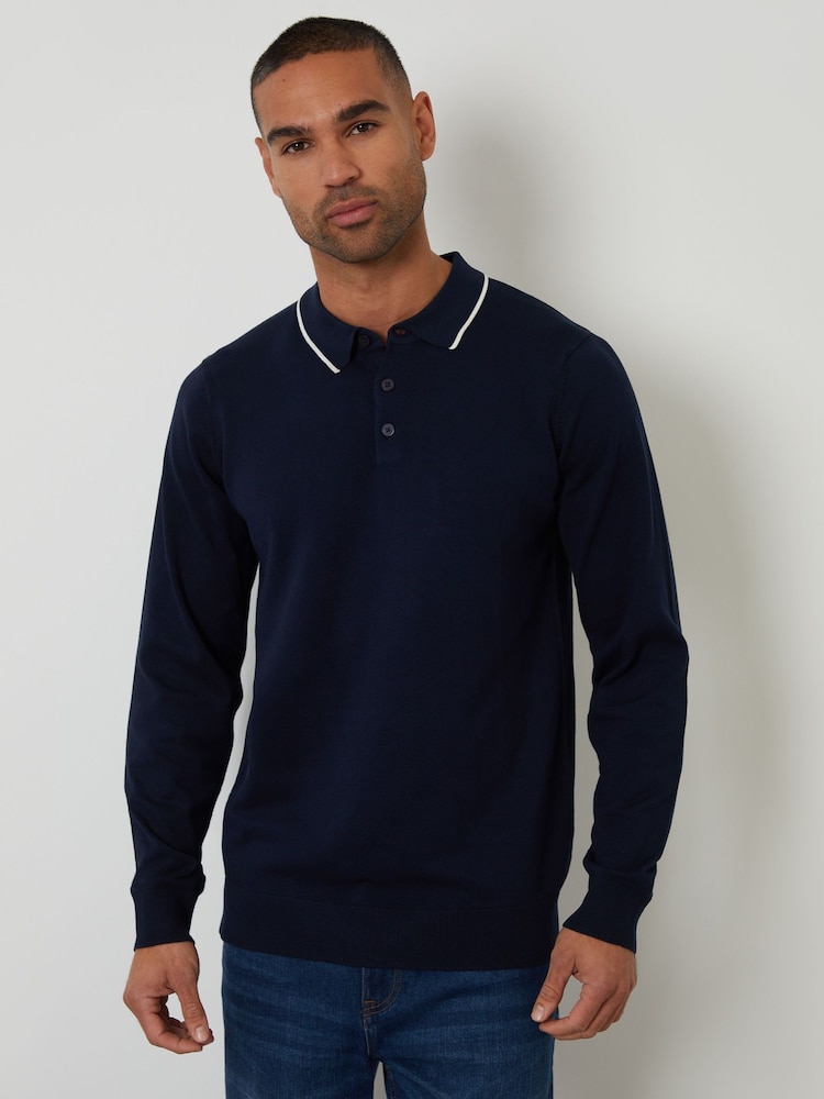 Threadbare Blue Knitted Long Sleeve Contrast Tipping Polo Jumper - Image 1 of 4