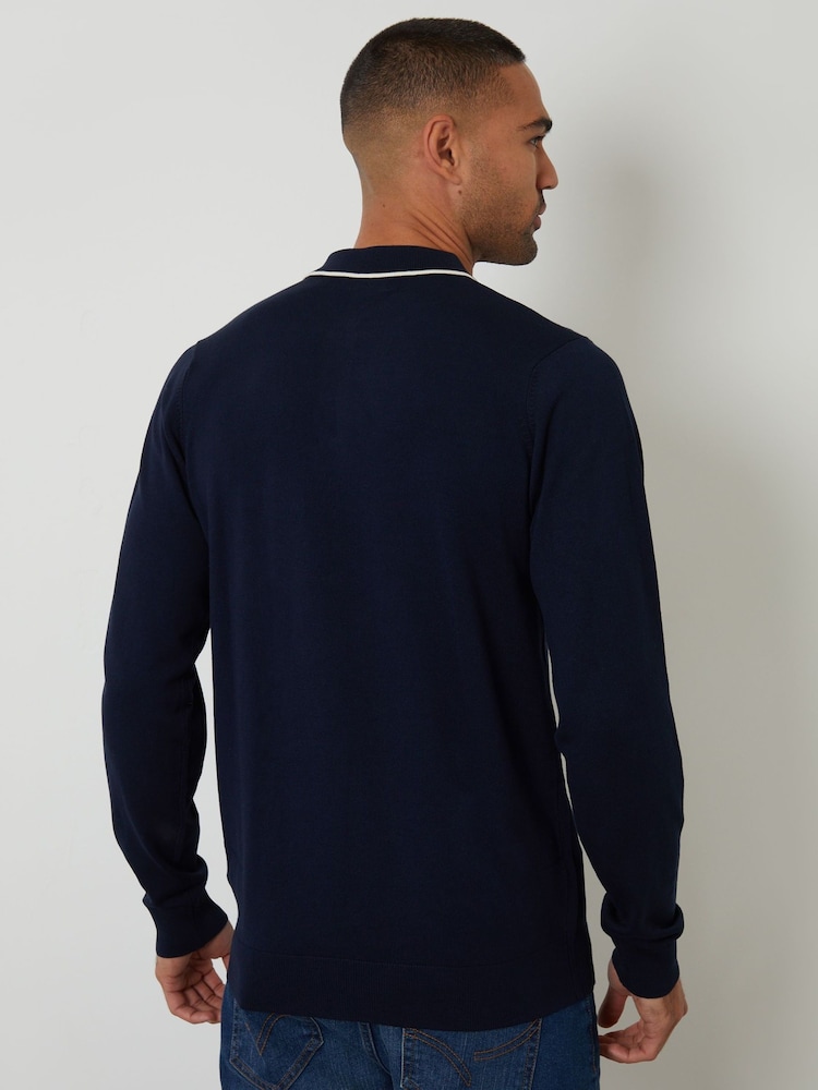 Threadbare Blue Knitted Long Sleeve Contrast Tipping Polo Jumper - Image 2 of 4