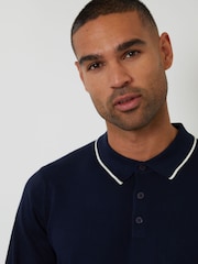 Threadbare Blue Knitted Long Sleeve Contrast Tipping Polo Jumper - Image 4 of 4