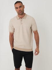 Threadbare Brown Textured Stripe Knitted Polo Shirt - Image 1 of 5