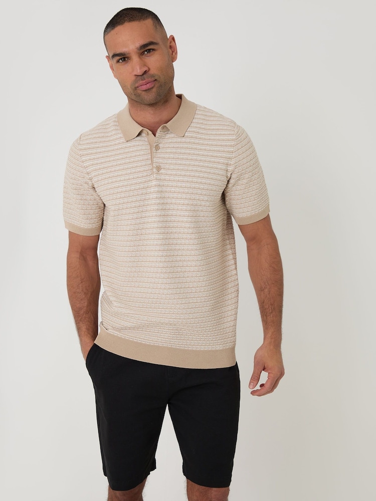 Threadbare Brown Textured Stripe Knitted Polo Shirt - Image 1 of 5