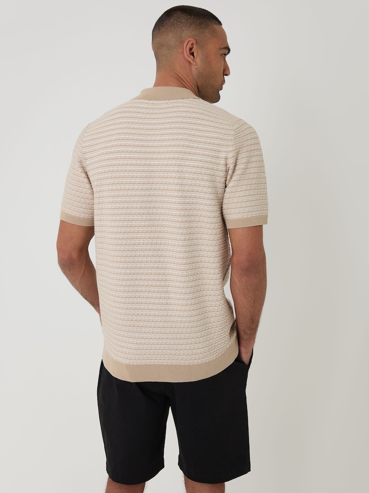 Threadbare Brown Textured Stripe Knitted Polo Shirt - Image 2 of 5