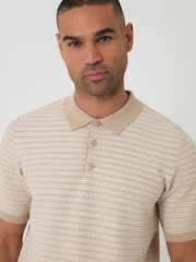 Threadbare Brown Textured Stripe Knitted Polo Shirt - Image 4 of 5