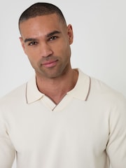 Threadbare Cream Knitted Contrast Tipping Trophy Neck Polo Shirt - Image 1 of 4