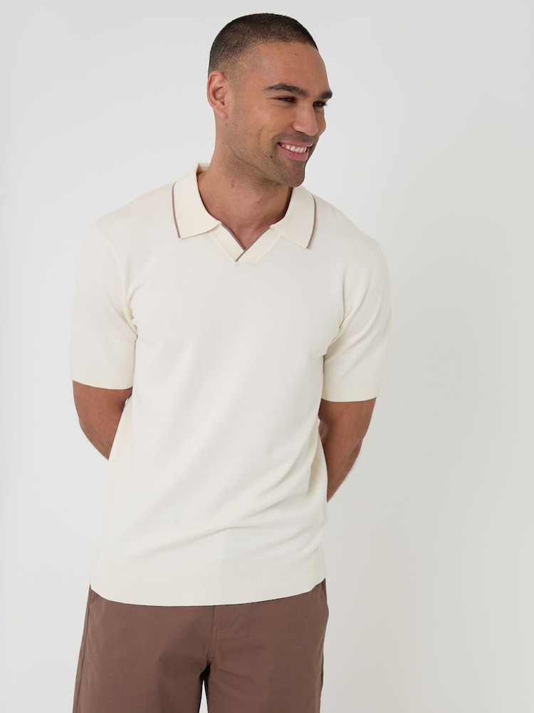 Threadbare Cream Knitted Contrast Tipping Trophy Neck Polo Shirt - Image 2 of 4