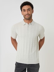 Threadbare Cream Cable Stripe Knitted Button Polo Shirt - Image 1 of 4