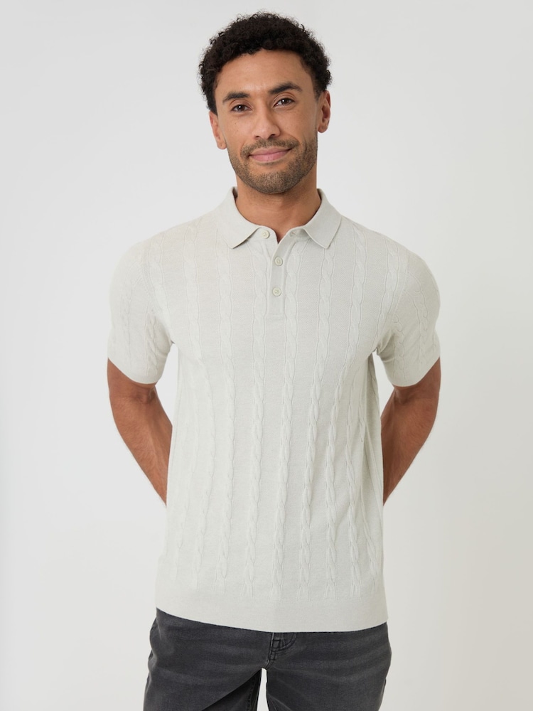 Threadbare Cream Cable Stripe Knitted Button Polo Shirt - Image 1 of 4