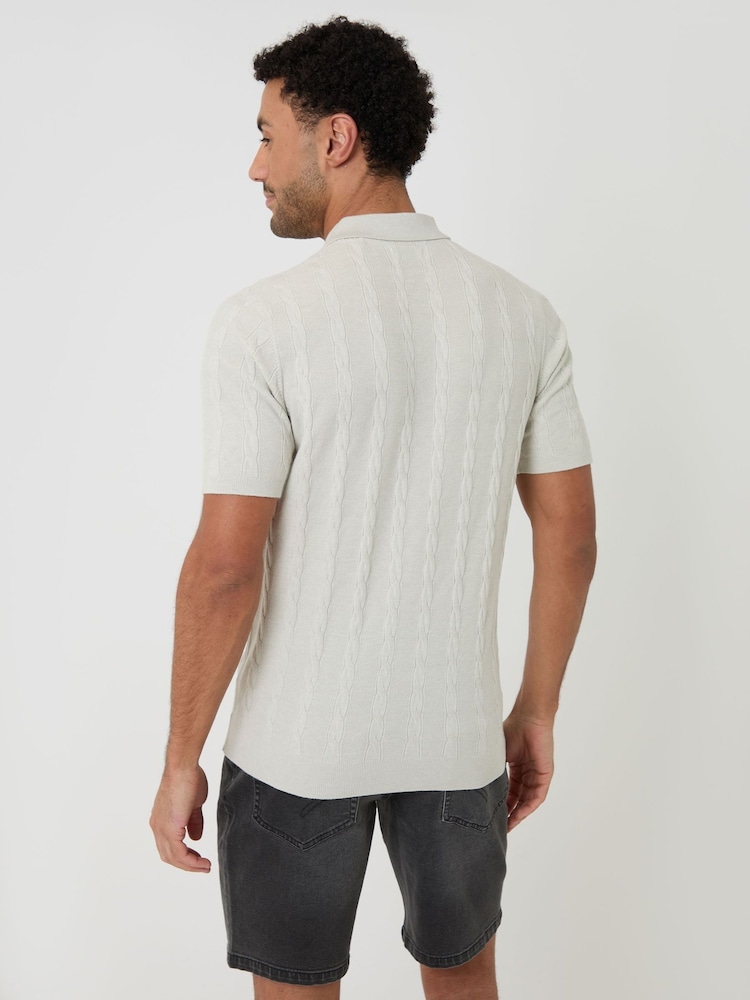 Threadbare Cream Cable Stripe Knitted Button Polo Shirt - Image 2 of 4