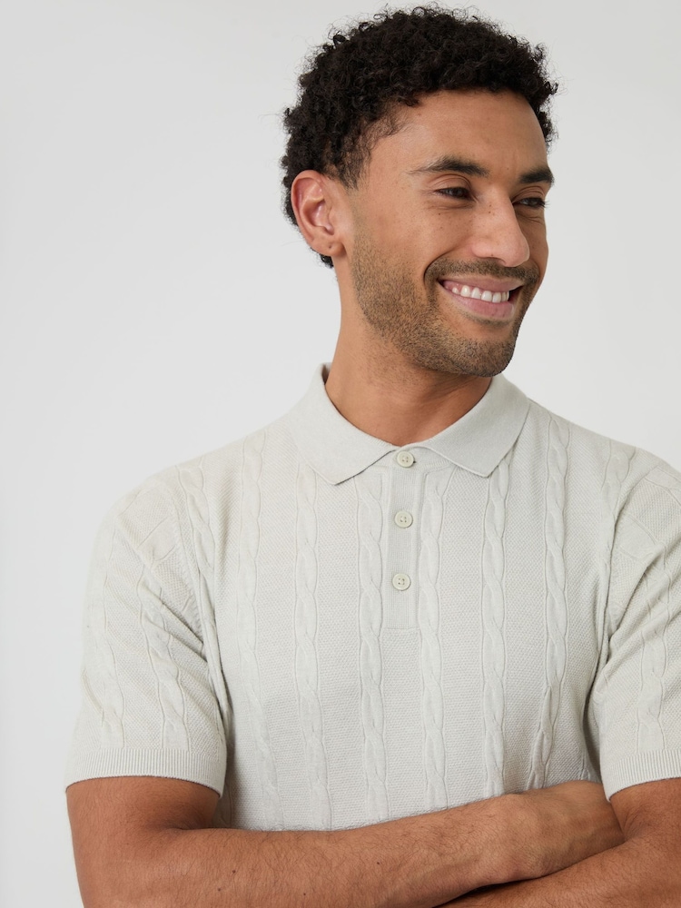 Threadbare Cream Cable Stripe Knitted Button Polo Shirt - Image 4 of 4