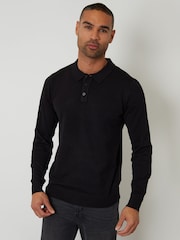 Threadbare Black Knitted Long Sleeve Polo Jumper - Image 1 of 4