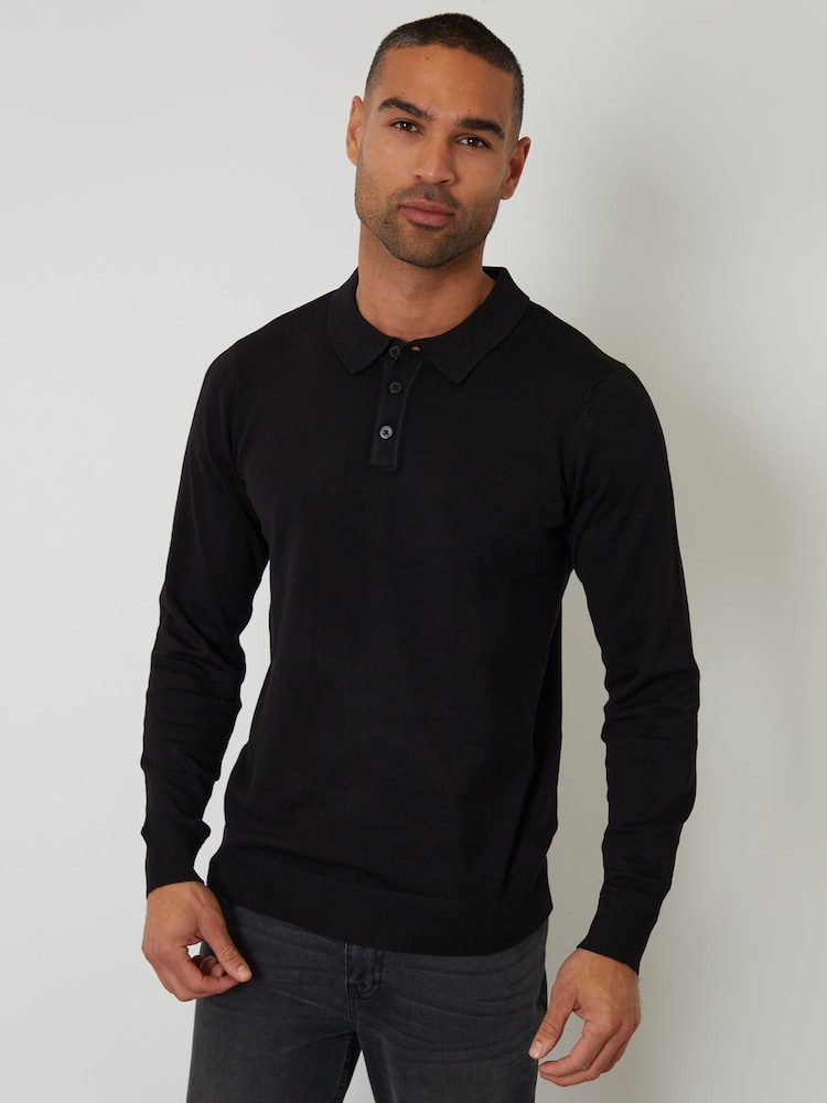 Threadbare Black Knitted Long Sleeve Polo Jumper - Image 1 of 4