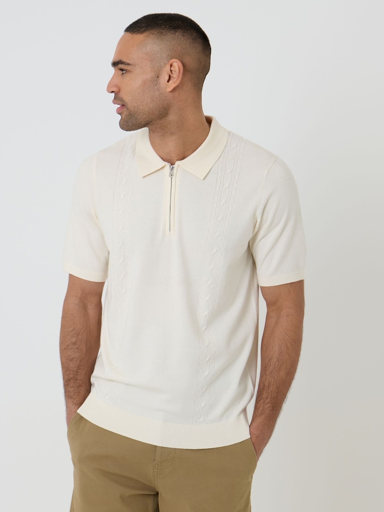 Threadbare Cream Cable Knit Quarter Zip Polo Shirt - Image 1 of 4