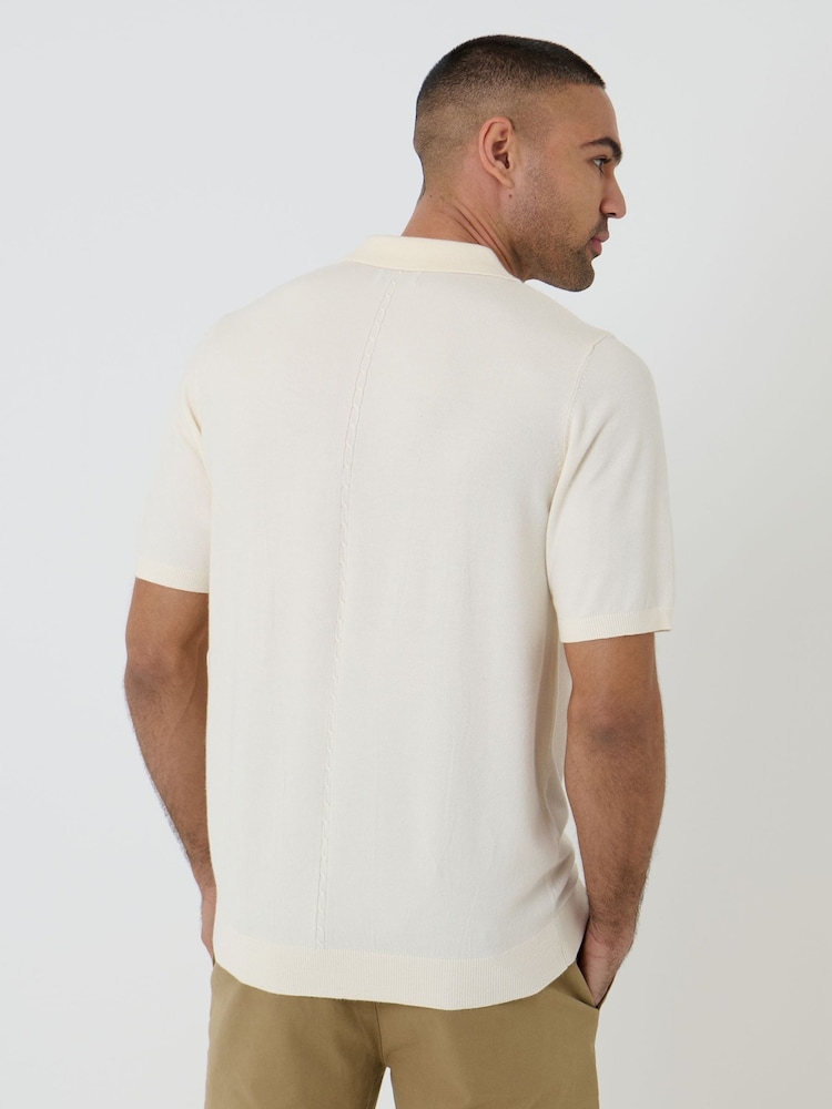 Threadbare Cream Cable Knit Quarter Zip Polo Shirt - Image 2 of 4