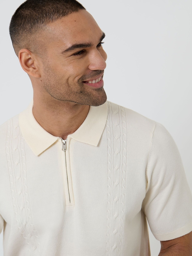 Threadbare Cream Cable Knit Quarter Zip Polo Shirt - Image 5 of 5 Threadbare Cream Cable Knit Quarter Zip Polo Shirt - Image 5 of 5