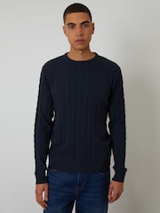 Threadbare Navy Blue Cable Knit Crew Neck Jumper - Image 1 of 4