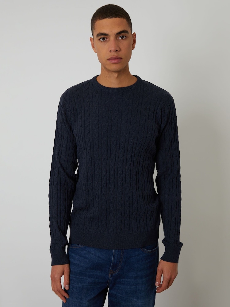 Threadbare Navy Blue Cable Knit Crew Neck Jumper - Image 1 of 4