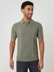 Threadbare Green Textured Stripe Knitted Polo Shirt - Image 1 of 4
