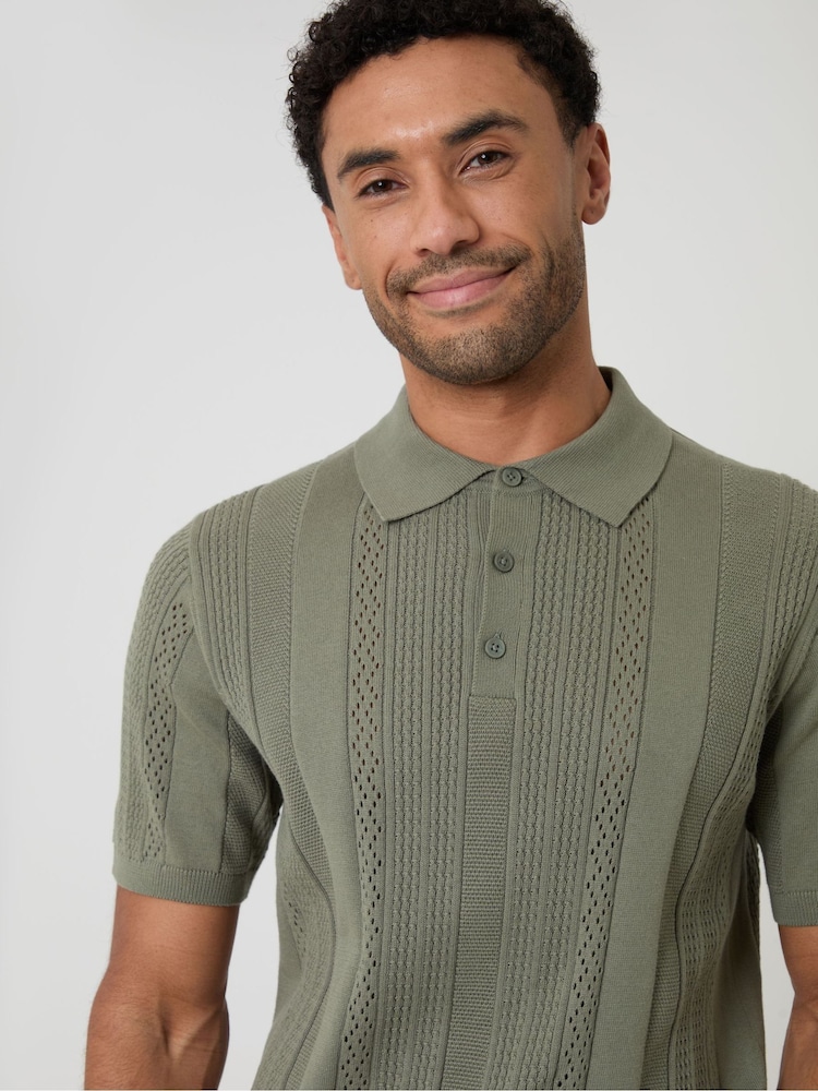 Threadbare Green Textured Stripe Knitted Polo Shirt - Image 1 of 4 Threadbare Green Textured Stripe Knitted Polo Shirt - Image 1 of 4