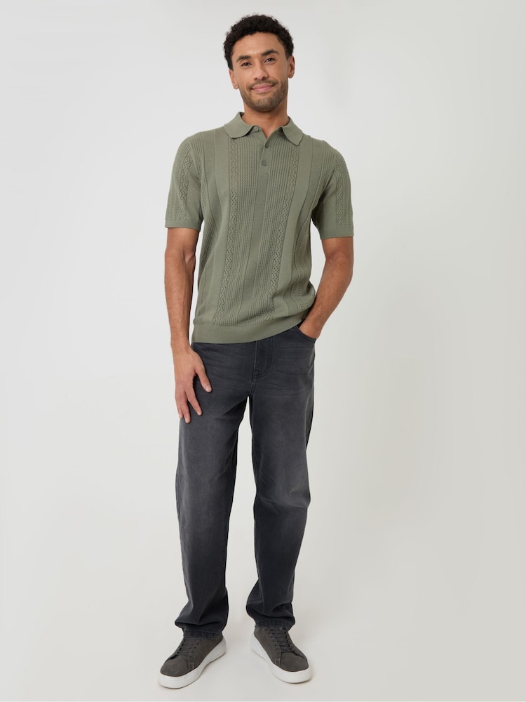 Threadbare Green Textured Stripe Knitted Polo Shirt - Image 4 of 4 Threadbare Green Textured Stripe Knitted Polo Shirt - Image 4 of 4