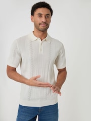 Threadbare Cream Textured Stripe Knitted Polo Shirt - Image 1 of 4