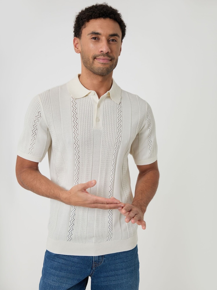 Threadbare Cream Textured Stripe Knitted Polo Shirt - Image 1 of 4 Threadbare Cream Textured Stripe Knitted Polo Shirt - Image 1 of 4