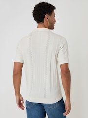 Threadbare Cream Textured Stripe Knitted Polo Shirt - Image 2 of 4