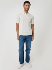 Threadbare Cream Textured Stripe Knitted Polo Shirt - Image 3 of 4