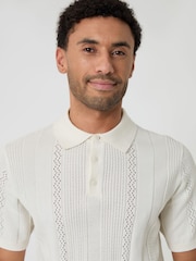 Threadbare Cream Textured Stripe Knitted Polo Shirt - Image 4 of 4