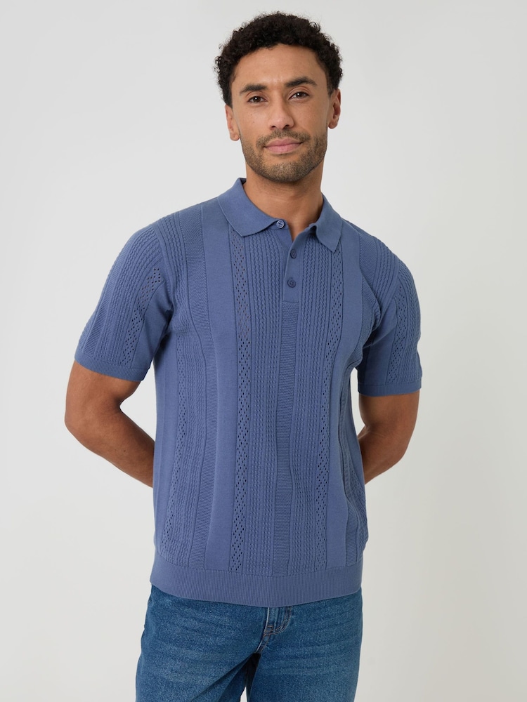 Threadbare Blue Textured Stripe Knitted Polo Shirt - Image 1 of 4 Threadbare Blue Textured Stripe Knitted Polo Shirt - Image 1 of 4