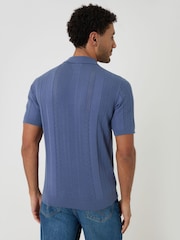 Threadbare Blue Textured Stripe Knitted Polo Shirt - Image 2 of 4