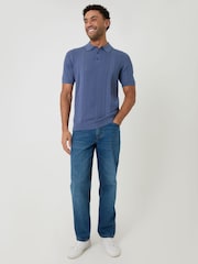 Threadbare Blue Textured Stripe Knitted Polo Shirt - Image 3 of 4