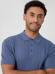 Threadbare Blue Textured Stripe Knitted Polo Shirt - Image 4 of 4