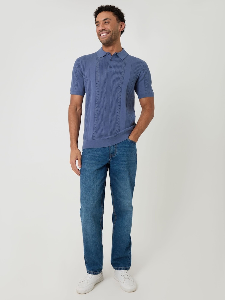 Threadbare Blue Textured Stripe Knitted Polo Shirt - Image 4 of 4 Threadbare Blue Textured Stripe Knitted Polo Shirt - Image 4 of 4