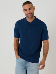 Threadbare Blue Diamond Cable Knit Quarter Zip Polo Shirt - Image 1 of 4