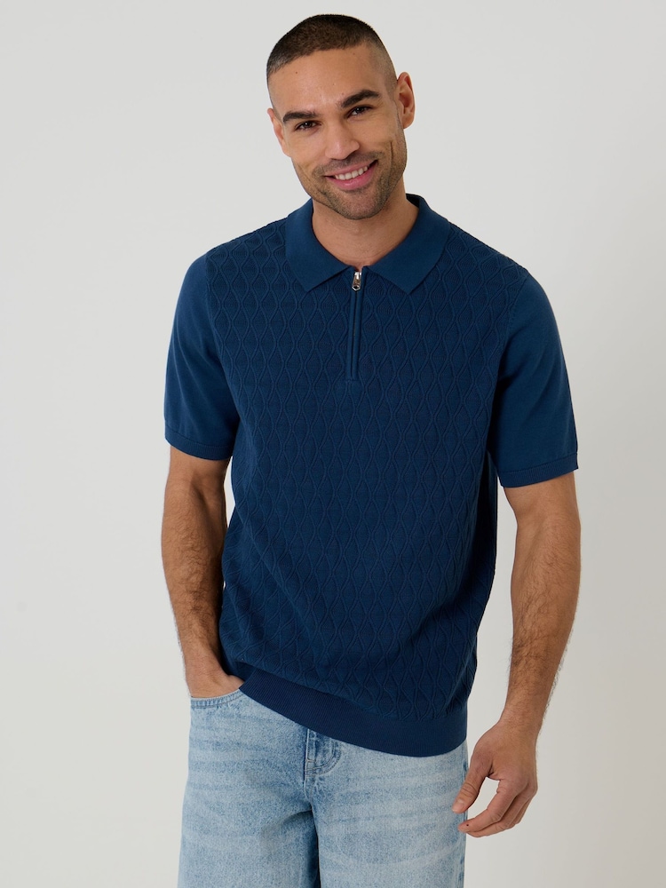 Threadbare Blue Diamond Cable Knit Quarter Zip Polo Shirt - Image 1 of 4