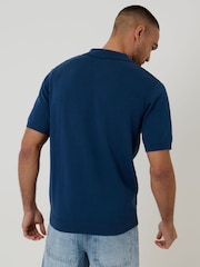 Threadbare Blue Diamond Cable Knit Quarter Zip Polo Shirt - Image 2 of 4