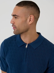 Threadbare Blue Diamond Cable Knit Quarter Zip Polo Shirt - Image 3 of 4