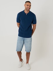 Threadbare Blue Diamond Cable Knit Quarter Zip Polo Shirt - Image 4 of 4