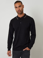 Threadbare Black Knitted Long Sleeve Contrast Tipping Polo Jumper - Image 1 of 4