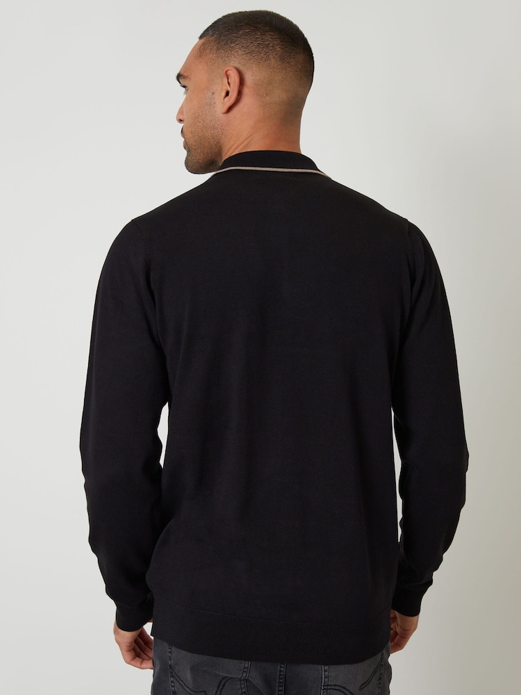 Threadbare Black Knitted Long Sleeve Contrast Tipping Polo Jumper - Image 2 of 4