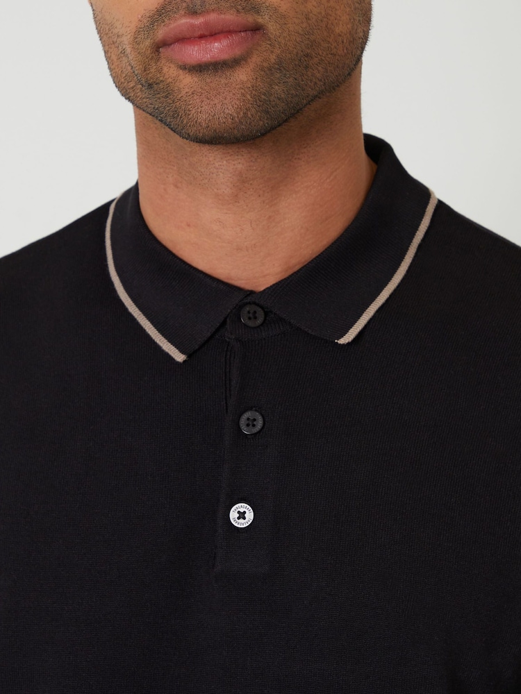 Threadbare Black Knitted Long Sleeve Contrast Tipping Polo Jumper - Image 4 of 4