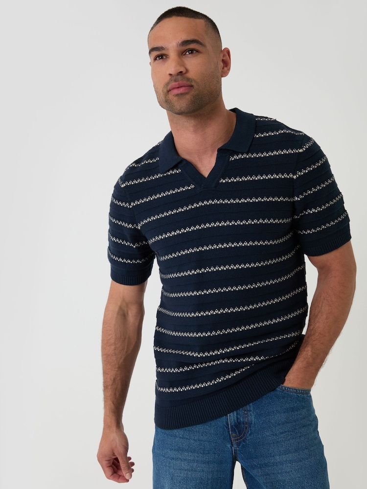 Threadbare Blue Textured Stripe Knitted Trophy Neck Polo Shirt - Image 1 of 5 Threadbare Blue Textured Stripe Knitted Trophy Neck Polo Shirt - Image 1 of 5