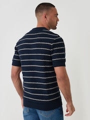 Threadbare Blue Textured Stripe Knitted Trophy Neck Polo Shirt - Image 2 of 5