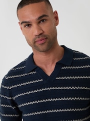 Threadbare Blue Textured Stripe Knitted Trophy Neck Polo Shirt - Image 4 of 5