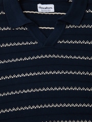 Threadbare Blue Textured Stripe Knitted Trophy Neck Polo Shirt - Image 5 of 5