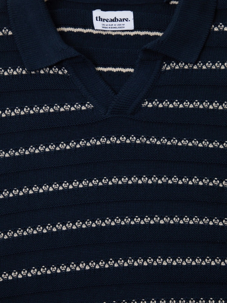 Threadbare Blue Textured Stripe Knitted Trophy Neck Polo Shirt - Image 5 of 5 Threadbare Blue Textured Stripe Knitted Trophy Neck Polo Shirt - Image 5 of 5