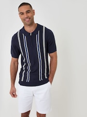Azul - Threadbare Stripe Quarter Zip Knitted Polo Shirt - Imagen 1 de 5