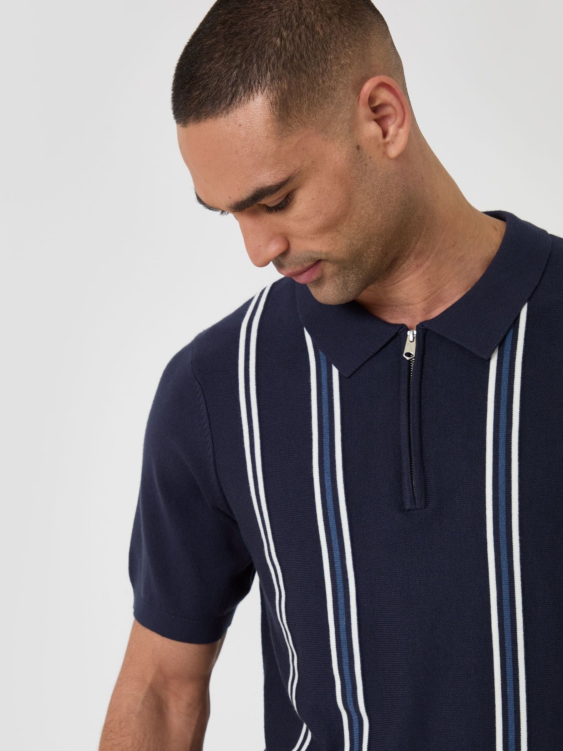 トップス Knit Stripe Tops Buy Синій - Threadbare Stripe Quarter Zip Knitted Polo Shirt з