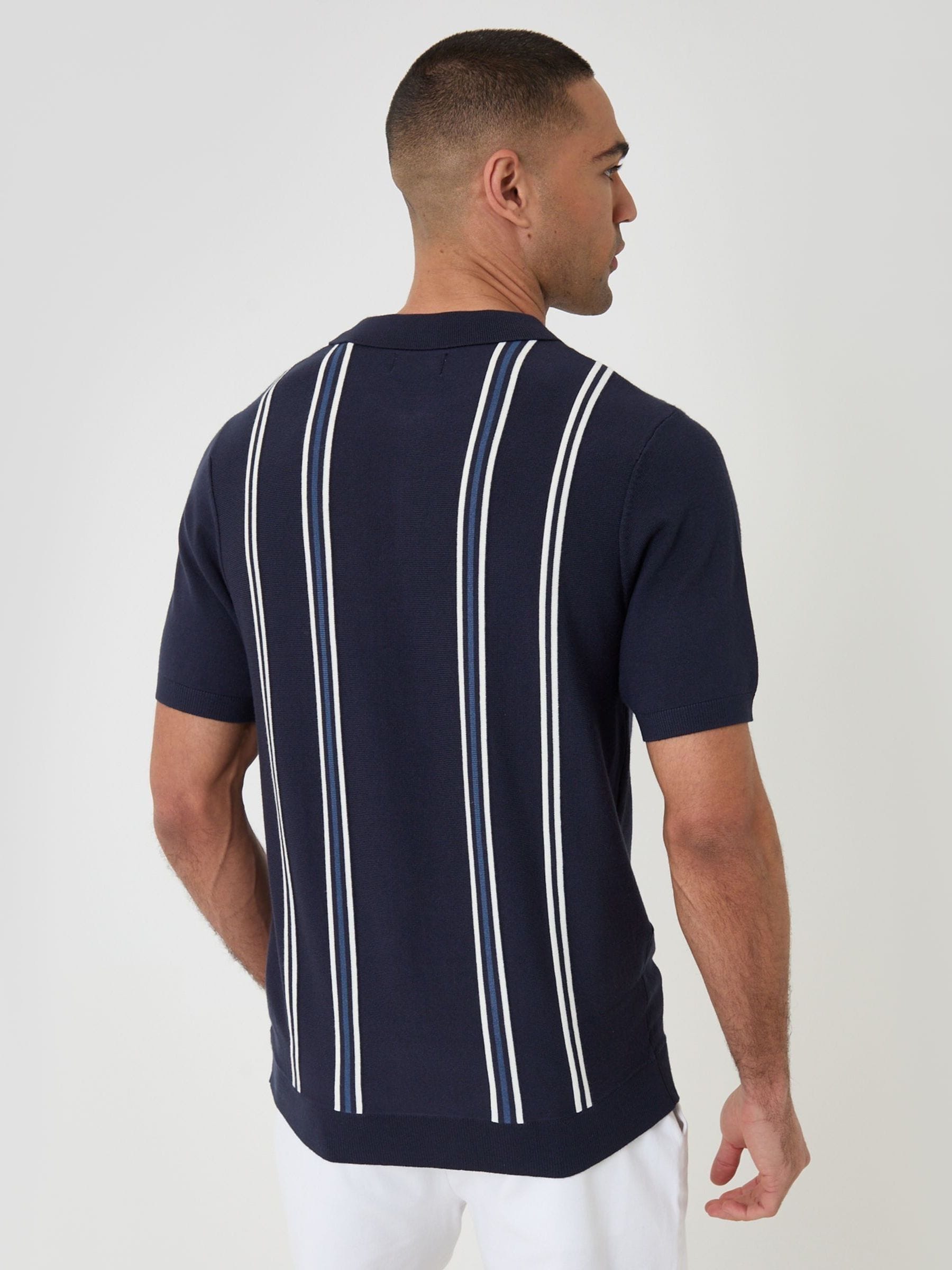 Buy Синій - Threadbare Stripe Quarter Zip Knitted Polo Shirt з