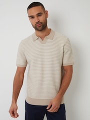 Threadbare Brown Textured Stripe Trophy Neck Knitted Polo Shirt - Image 1 of 4